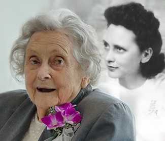 Betty at 100 years old next to image of her during WWII